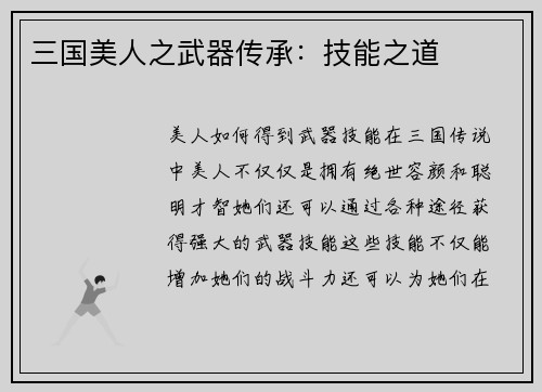 三国美人之武器传承:技能之道 三国美人之武器传承:技能之道